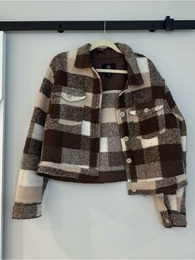 House of Harlow 1960 Brown & Cream Plaid Teddy Jacket